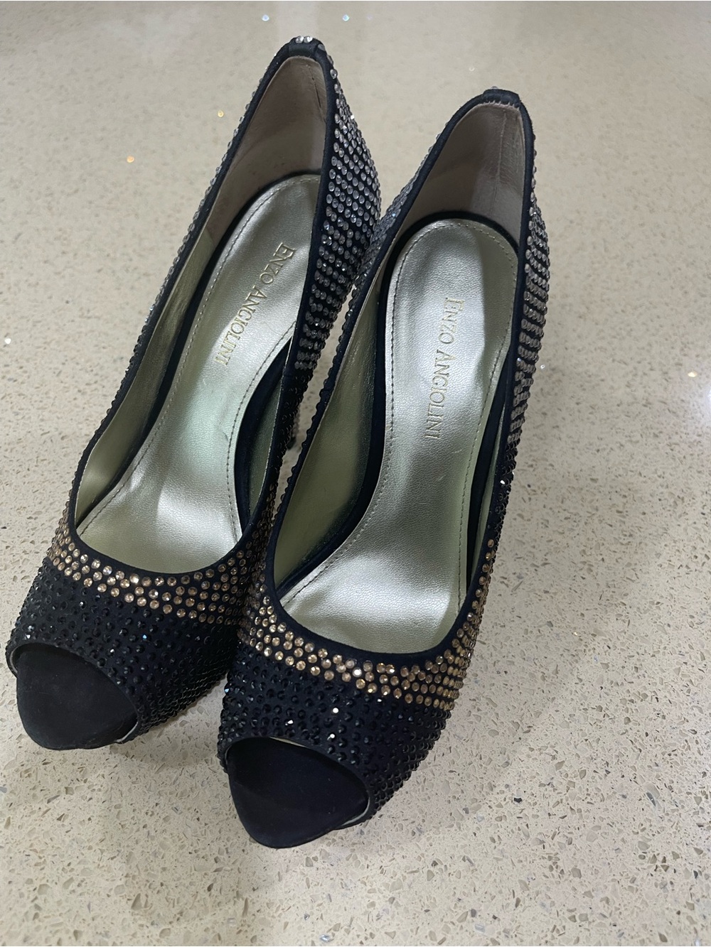 Enzo Angiolini Women’s Black Rhinestone Peep-Toe Heels – Size 8